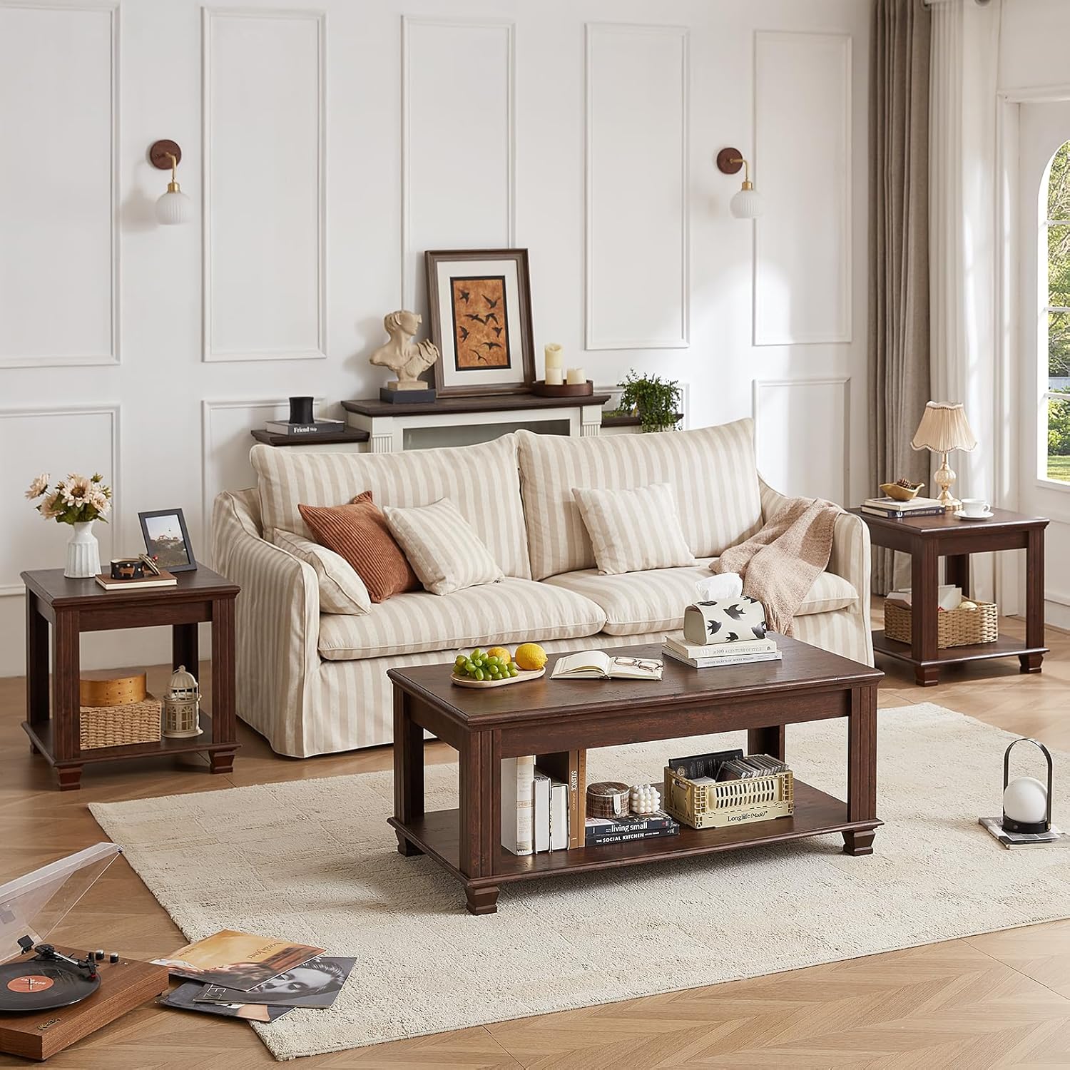SAVOR LIFE Farmhouse Coffee Table Set of 3,Rustic Wooden Living Room Table Set,Large Coffee/End Side Tables with Open Shelf for Living Room,Walnut