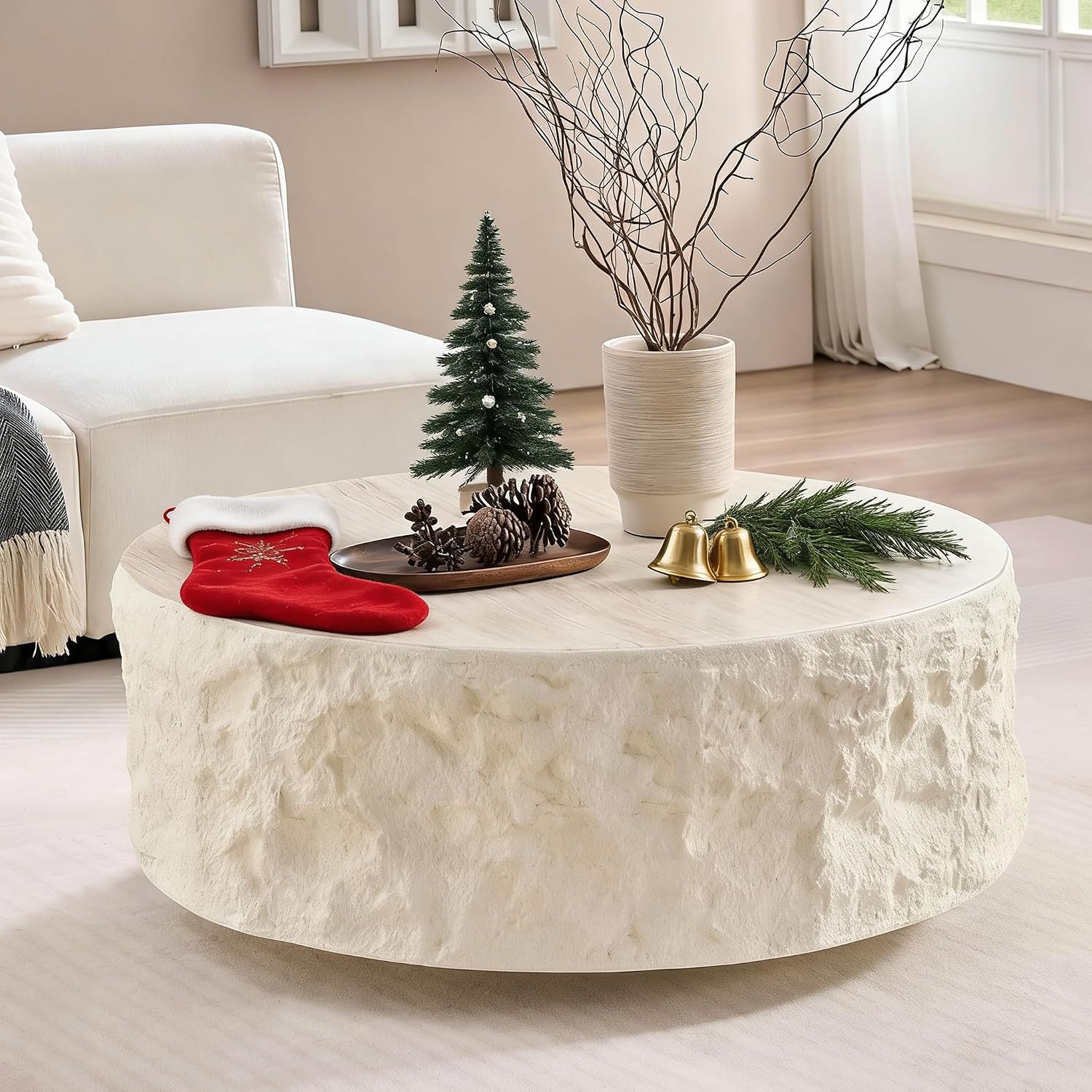JUSTONE 35.43''Round Coffee Tables for Living Room,Faux Mars Pattern Modern Minimalist Side Tables Accent End Table for Apartment,Office,No Need Assembly,Beige