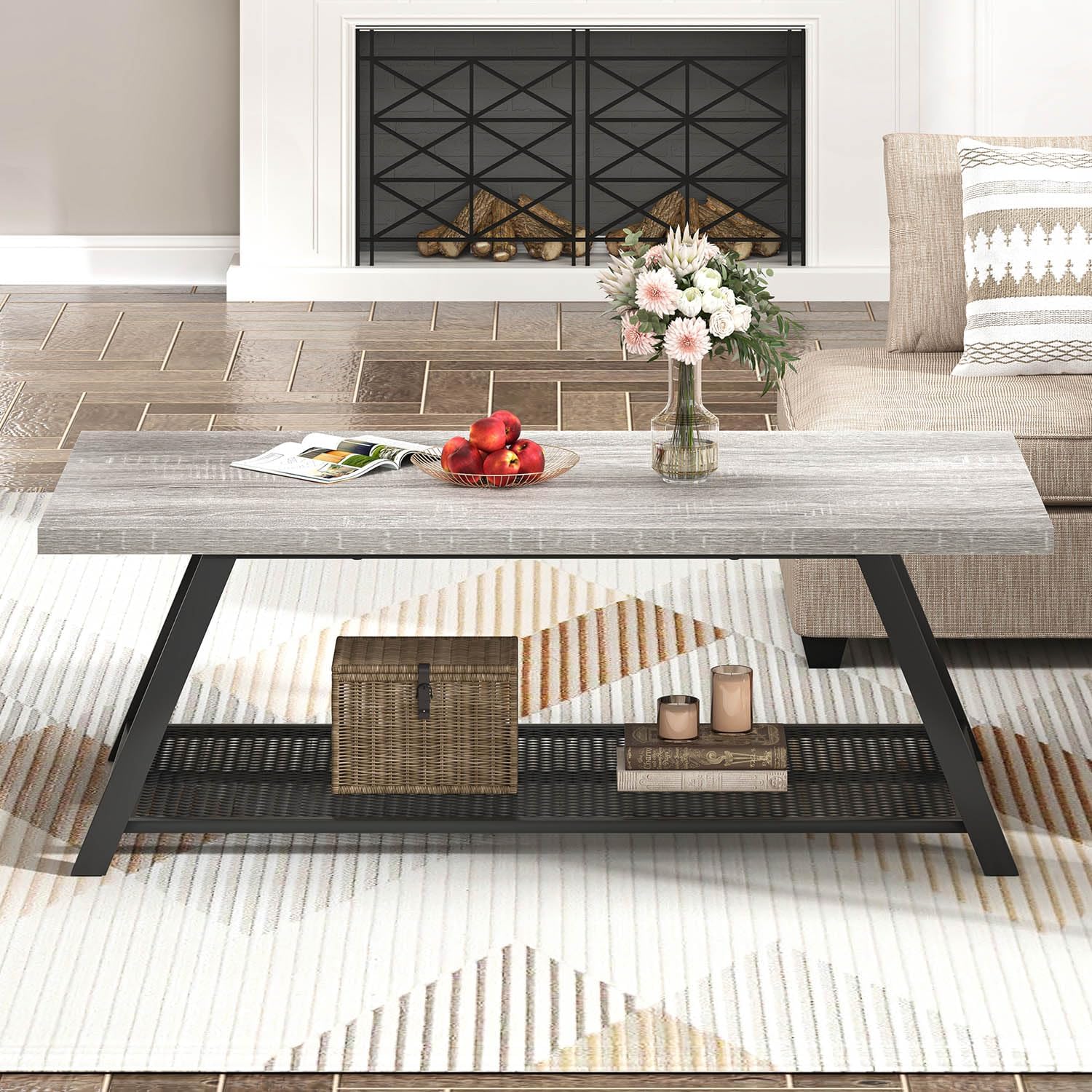 FOLUBAN Industrial Coffee Tables for Living Room with Storage, Rustic Wood and Metal Coffee Table, Modern Rectangle Center Cocktail Tea Table, Light Grey, 47 Inch