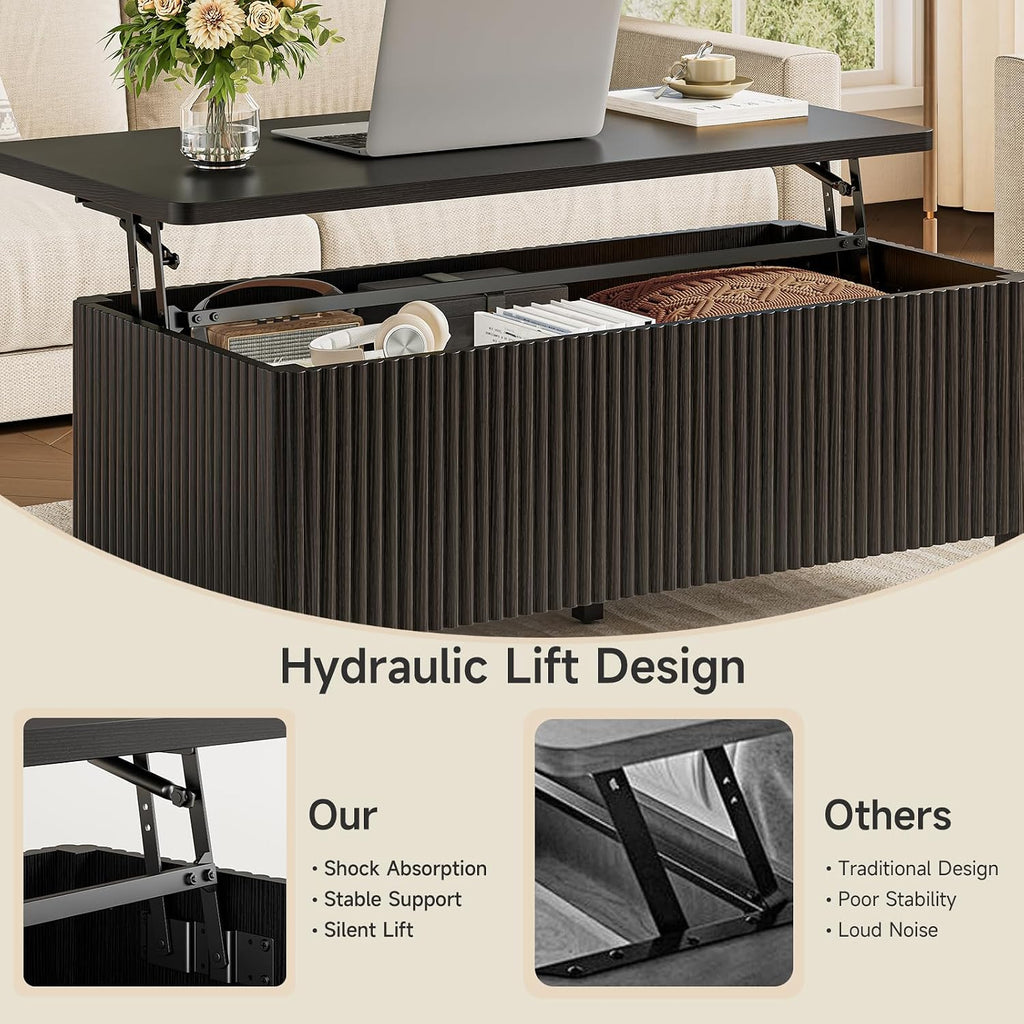ONBRILL Fluted Lift Top Coffee Table with Storage, Mid Century Modern Coffee Table with Hidden Compartment, Rising Top Wood Center Table for Living Room, Home Office, Rounded Edges (Black)