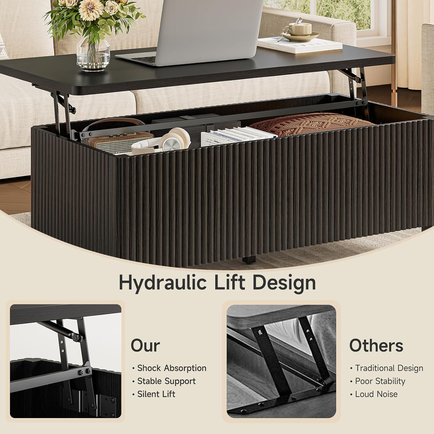 ONBRILL Fluted Lift Top Coffee Table with Storage, Mid Century Modern Coffee Table with Hidden Compartment, Rising Top Wood Center Table for Living Room, Home Office, Rounded Edges (Black)