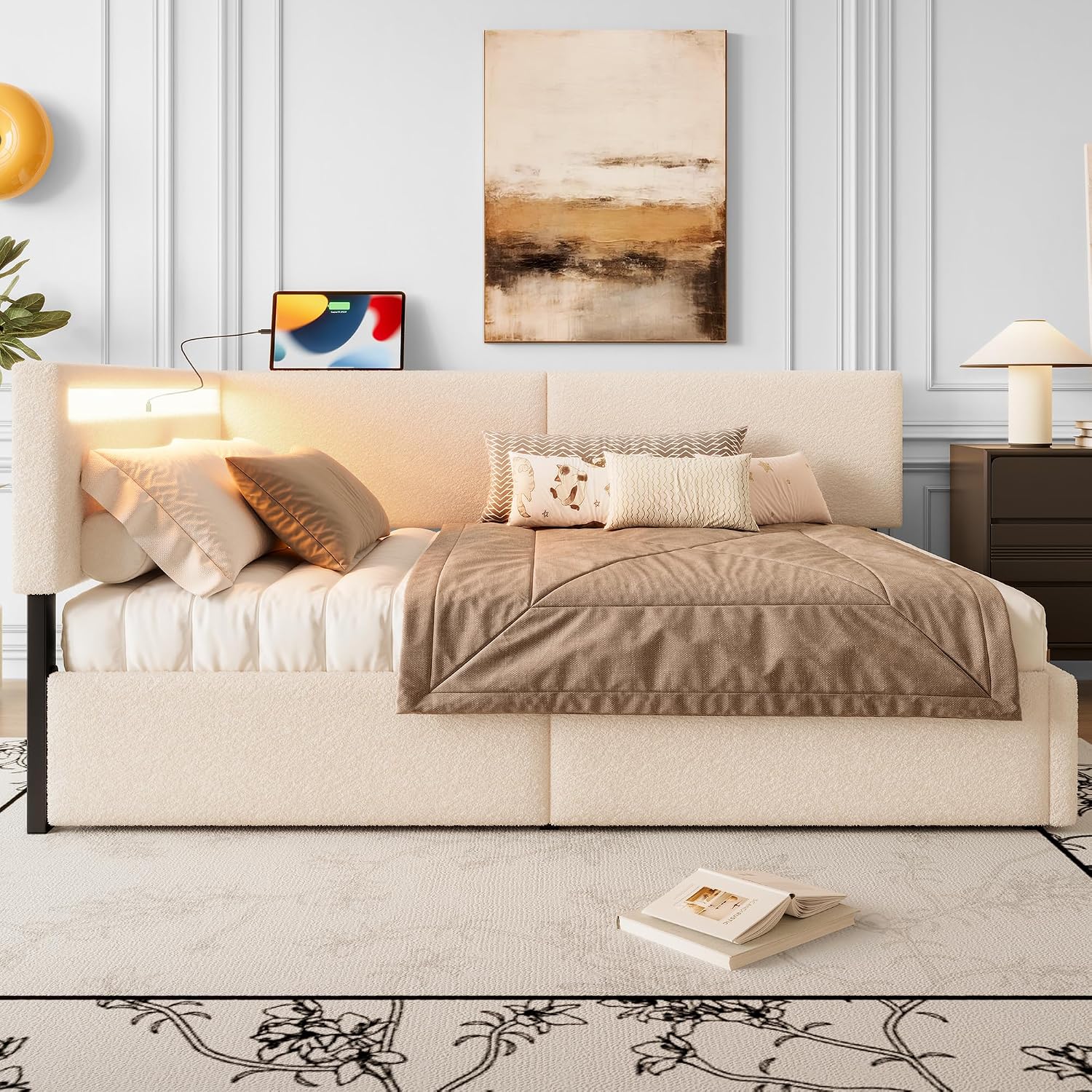 Full Size Boucle Corner Day Bed Frame with Upholstered Headboard, L-Shaped Daybed with USB Ports, Storage Drawers and Tufted Back, No Box Spring Needed, for Bedroom, Livingroom, Beige