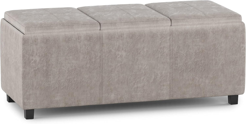 SIMPLIHOME Avalon Storage Ottoman - 42 inch Wide Upholstered Vegan Leather Rectangular Flip-Top Ottoman in Distressed Grey Taupe, Contemporary Coffee Table Ottoman for Living Room with Hidden Storage