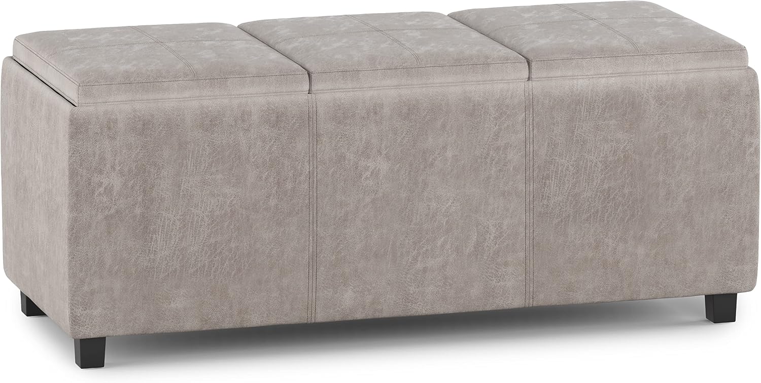 SIMPLIHOME Avalon Storage Ottoman - 42 inch Wide Upholstered Vegan Leather Rectangular Flip-Top Ottoman in Distressed Grey Taupe, Contemporary Coffee Table Ottoman for Living Room with Hidden Storage