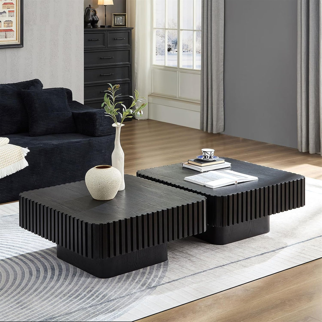 LKTART Square Coffee Table for Living Room, Accent Fluted Coffee Table with Storage, Modern Solid Wood Veneered Large Center Tea Table for Small Space Apartment (35.4''D×16''H-Black)