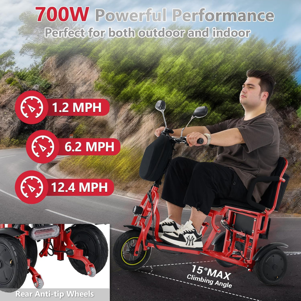 3-Wheel Folding Mobility Scooter Foldable Lightweight Electric Scooter for Adults & Seniors, Detachable Lithium Battery, Long Range 28 Miles, 3-Speed, with Rearview Mirror & Turn Signal (Red)