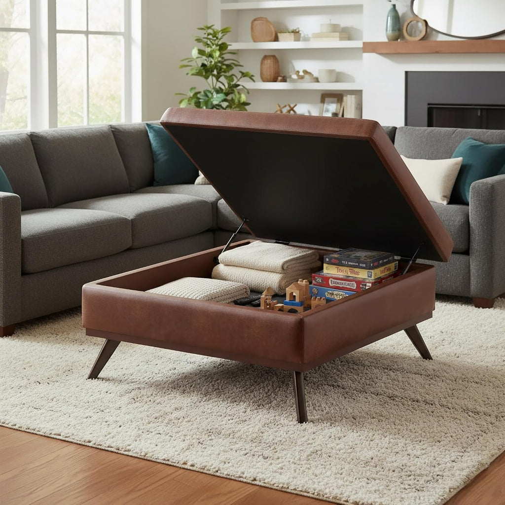 SIMPLIHOME Owen XL Coffee Table Storage Ottoman - 40 inch Wide Upholstered Vegan Leather Square Ottoman in Distressed Pecan Brown, Mid-Century Modern Ottoman for Living Room with Lift-Up Lid