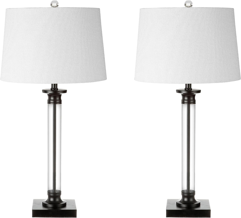 JONATHAN Y 30' Black/Clear Glass and Metal Column Table Lamp Set of 2 for Living Room Bedroom, Traditional Iron Base with White Linen Drum Shade, LED Bulbs Included JYL1008A-SET2