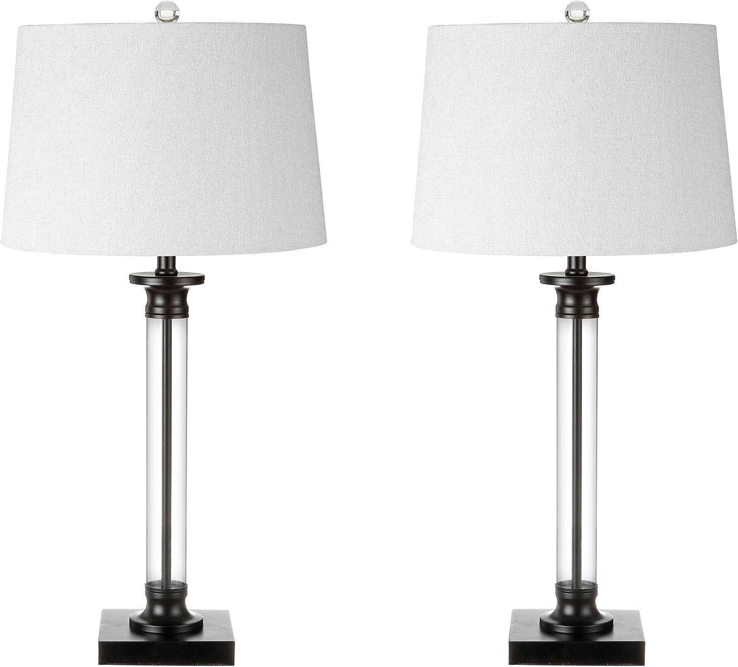 JONATHAN Y 30' Black/Clear Glass and Metal Column Table Lamp Set of 2 for Living Room Bedroom, Traditional Iron Base with White Linen Drum Shade, LED Bulbs Included JYL1008A-SET2