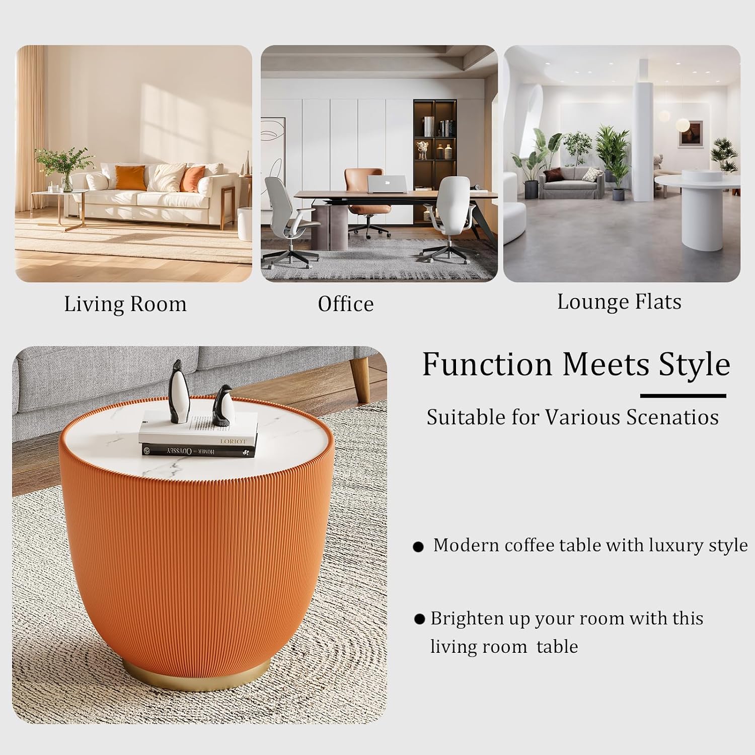 Round Coffee Table Set with Sintered Stone Tabletop, 27.56' White Drum Center Table and 19.69' Orange Coffee Table Set, 2 Pieces Living Room Table Set with Fluted PU Leather Cover& Metal Base