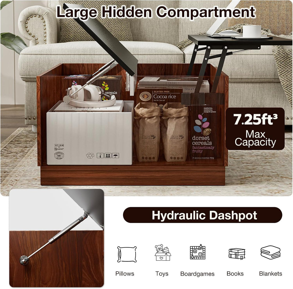 LCRBOL 31.5' Lift Top Coffee Table with Storage, Mid-Century Coffee Tables for Living Room, Square Dining Table with Large Hidden Storage Compartment & Adjustable Shelves, Walnut & Black