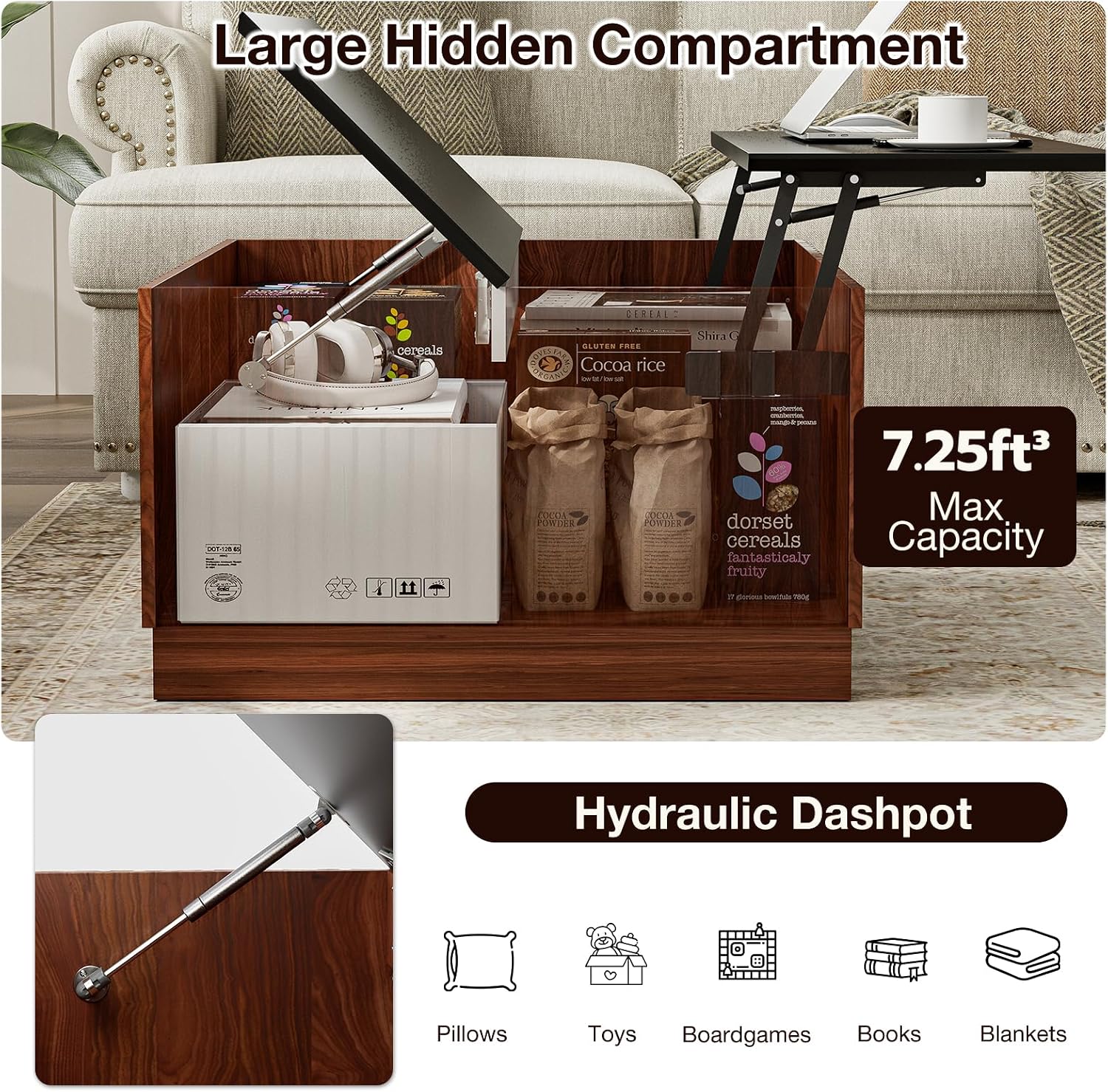 LCRBOL 31.5' Lift Top Coffee Table with Storage, Mid-Century Coffee Tables for Living Room, Square Dining Table with Large Hidden Storage Compartment & Adjustable Shelves, Walnut & Black