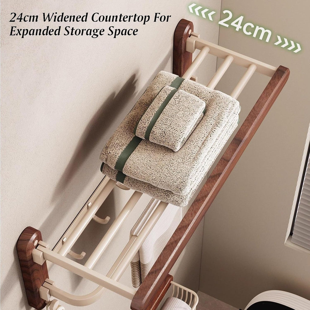 Space Aluminum+Solid Wood Towel Rack,Double Layer Bar Wall Mounted,with Foldable Shelf and Hooks,Bathroom Accessories,for Bedroom Bathroom Kitchen