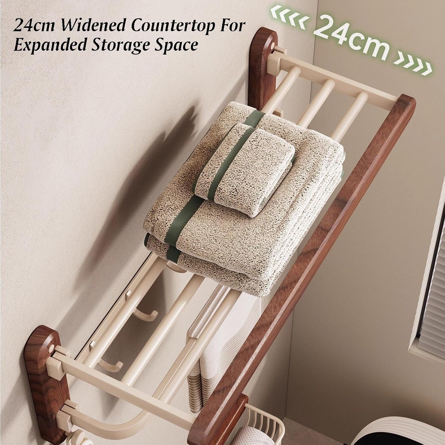 Space Aluminum+Solid Wood Towel Rack,Double Layer Bar Wall Mounted,with Foldable Shelf and Hooks,Bathroom Accessories,for Bedroom Bathroom Kitchen