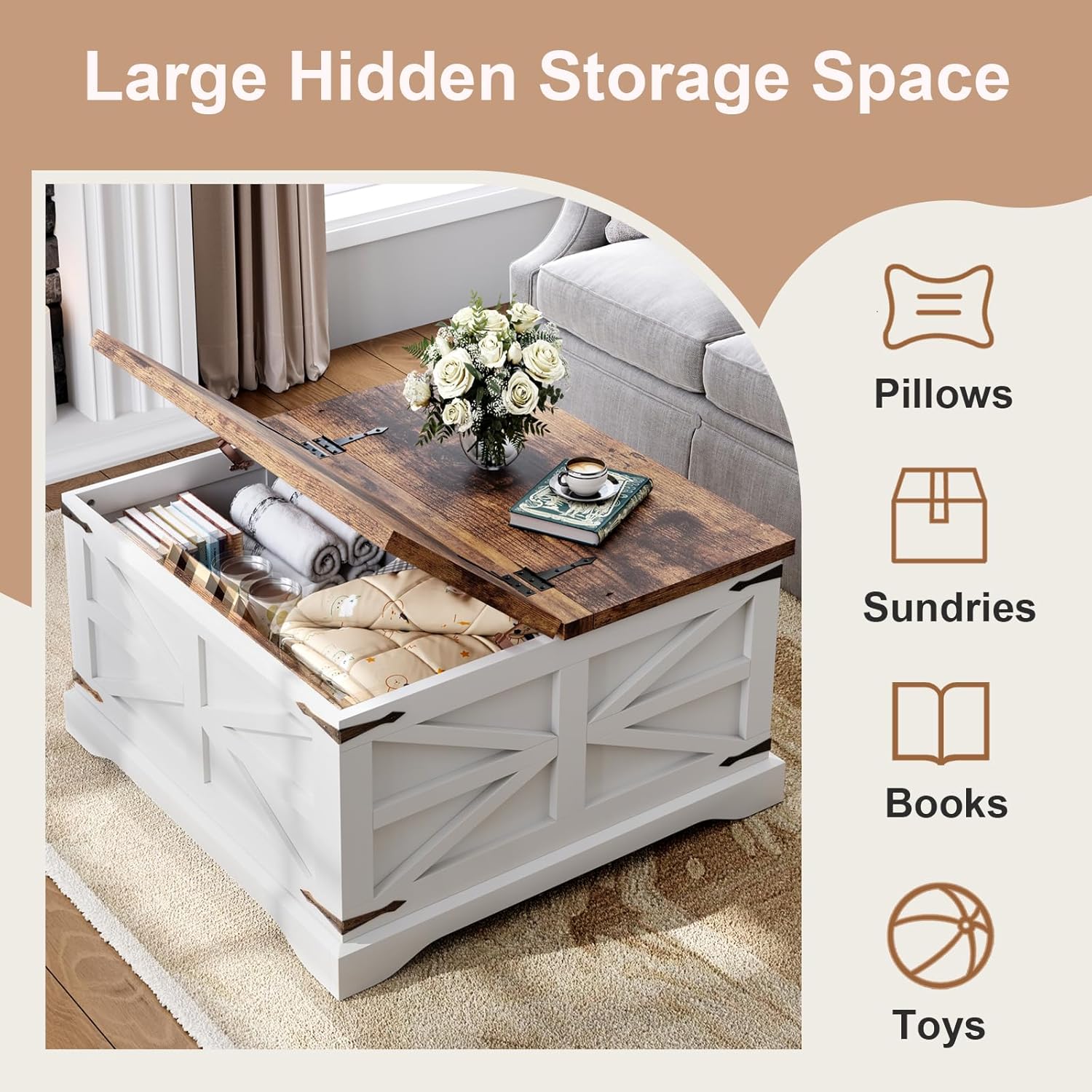 MXV Farmhouse Coffee Table with Storage, Square Coffee Tables for Living Room, Rustic Wood Center Table with Hinged Lifting Tabletop for Home, White