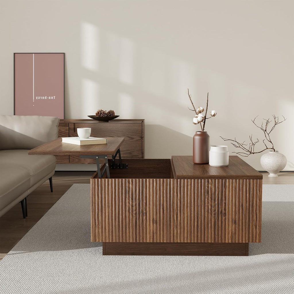 Epecoya Lift Top Coffee Table, Farmhouse Square Fluted Center Table, 31' Modern Wooden Tea Table with Hidden Storage for Living Room, Apartment, Small Spaces, Brown Walnut