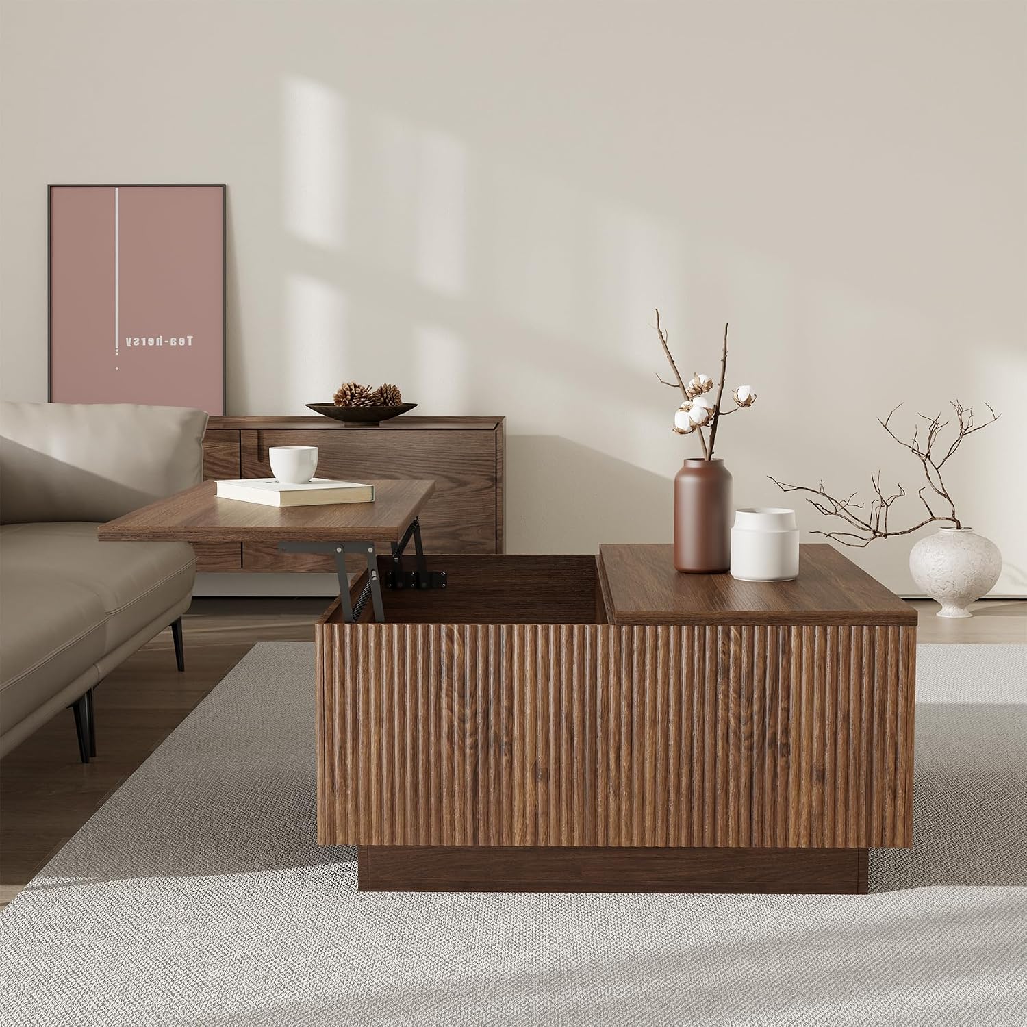 Epecoya Lift Top Coffee Table, Farmhouse Square Fluted Center Table, 31' Modern Wooden Tea Table with Hidden Storage for Living Room, Apartment, Small Spaces, Brown Walnut