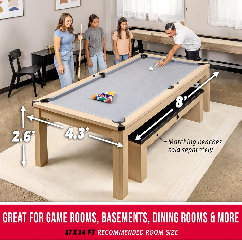 GoSports 3 in 1 Pool, Dining, & Table Tennis Combo Table and Storage Benches - 7 ft or 8 ft - Convertible Billiards and Table Tennis with Accessories