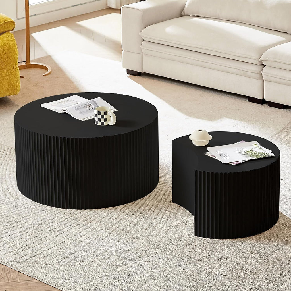 JUSTONE Nesting Coffee Table Set of 2, Modern Matte Black Round Drum Side Tables - Space-Saving End Tables for Living Room, Apartment, Bedroom (Black)