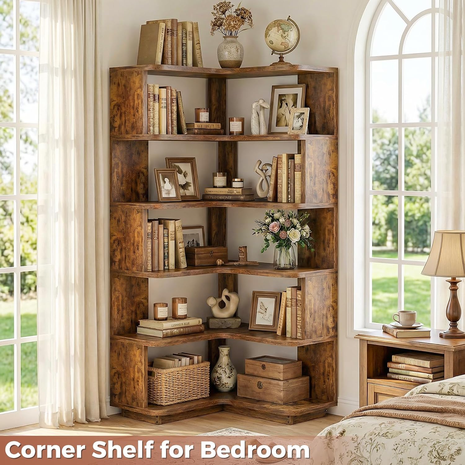 Besiost Corner Book Shelf, 6-Shelf Corner Bookshelf for Small Corner Spaces, L-Shape Bookcase Corner Display Shelf for Home Office, Living Room, Bedroom, Kitchen Pantry, Rustic Brown