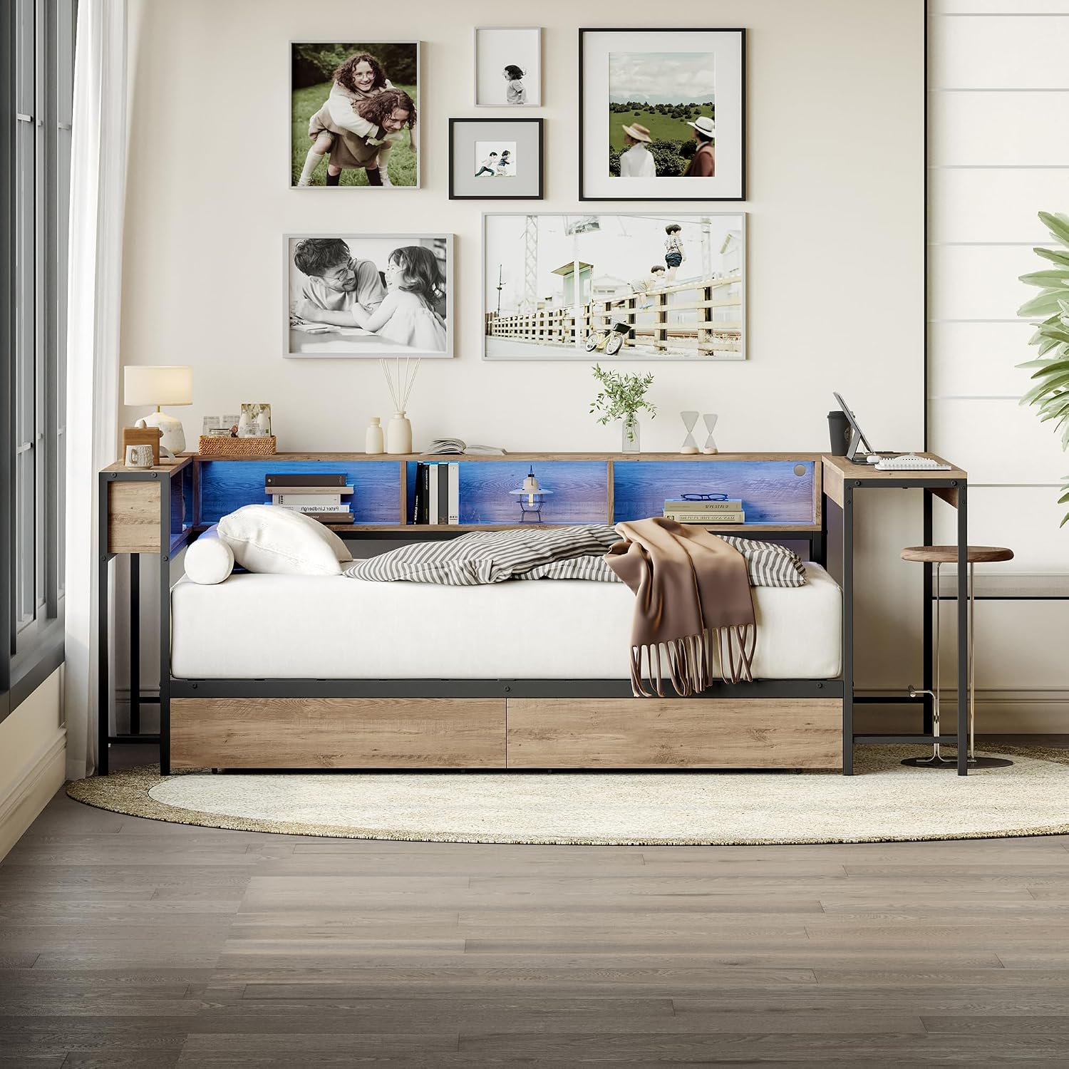 GDFStudio Twin Size Bed Frame with 2 Storage Drawers, Corner Platform Twin Bed with Desk and Bookcase Shelves, LED Light and Charging Station, Metal and Wood Twin Bed Frame, No Box Spring Needed, Grey