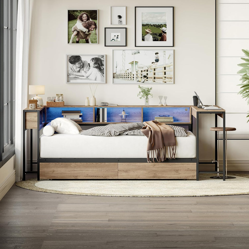 Twin Size Corner Daybed Frame with 5 Storage Shelves, Desk, 2 Drawers, Charging Station and LED Light, Metal Vintage Sofa Bed Frame for Livng Room, Bedroom, No Box Spring Needed, Grey