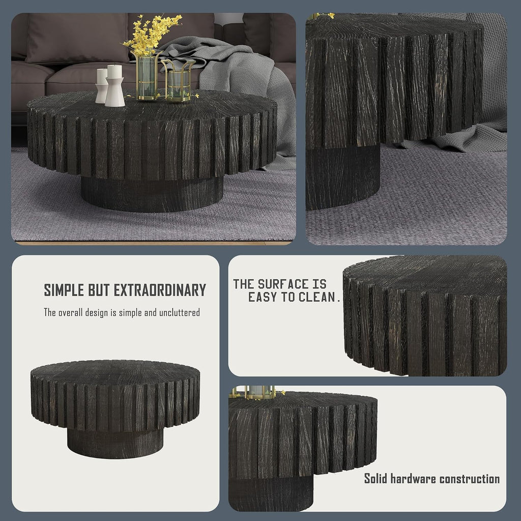 Round Coffee Table, 31.5' Circle Wood Center Table with Pedestal, Wood Coffee Tables for Living Room, Small Space, Office, Apartment, Easy Assembly, Black