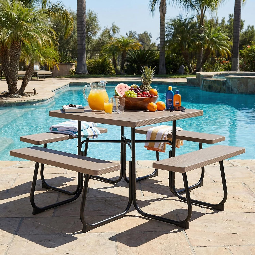 Tangkula 8 Person Picnic Table, Outdoor Square Picnic Table with 4 Built-in Benches, Umbrella Hole, Metal Frame & HDPE Tabletop, Outside Table and Bench Set for Backyard, 2300lbs Weight Capacity