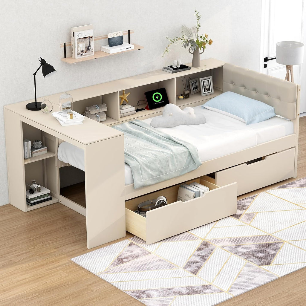 Bellemave Twin Size Corner Bed Frame with Storage Drawers and Desk,Captain Daybed with L-Shaped Bookcase,Corner Bed Frame Twin Size with Charging Station for Kids,Teens,Guests,Cream