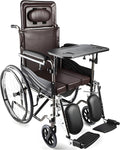 Reclining Wheelchair Commode Steel Bathroom Transport Shower Chair Foldable Lightweight Manual Wheelchair W/Dining Table Toilet Chair Scooter for Elderly