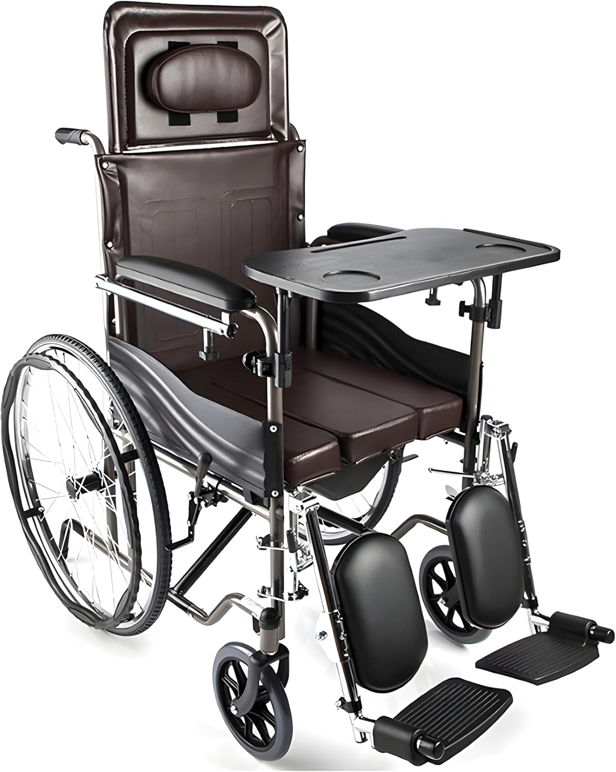 Reclining Wheelchair Commode Steel Bathroom Transport Shower Chair Foldable Lightweight Manual Wheelchair W/Dining Table Toilet Chair Scooter for Elderly