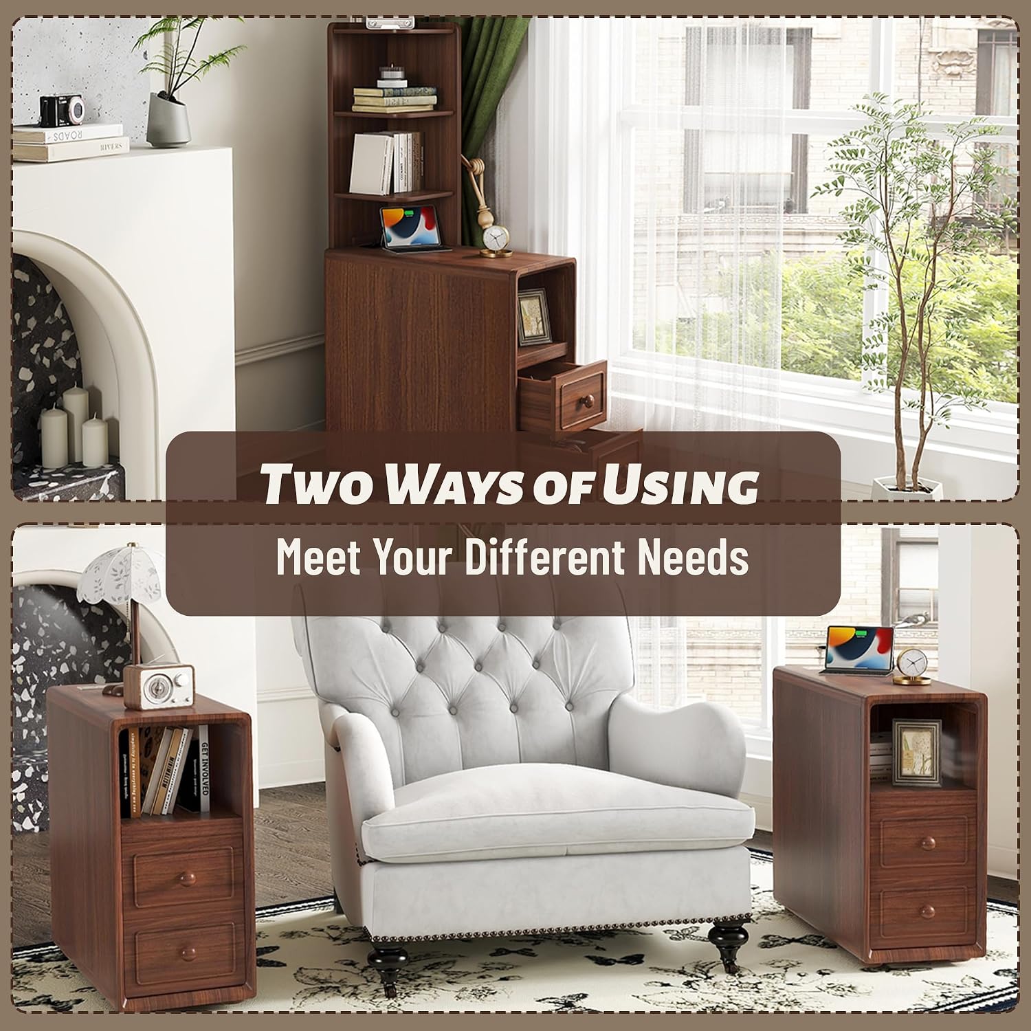Mirightone Wood End Table Corner Side Table with Drawers & Open Shelves, Tall Sofa Side Table, Narrow Tables Bedside Table Nightstands with Charging Station for Living Room, Bedroom (Walnut)