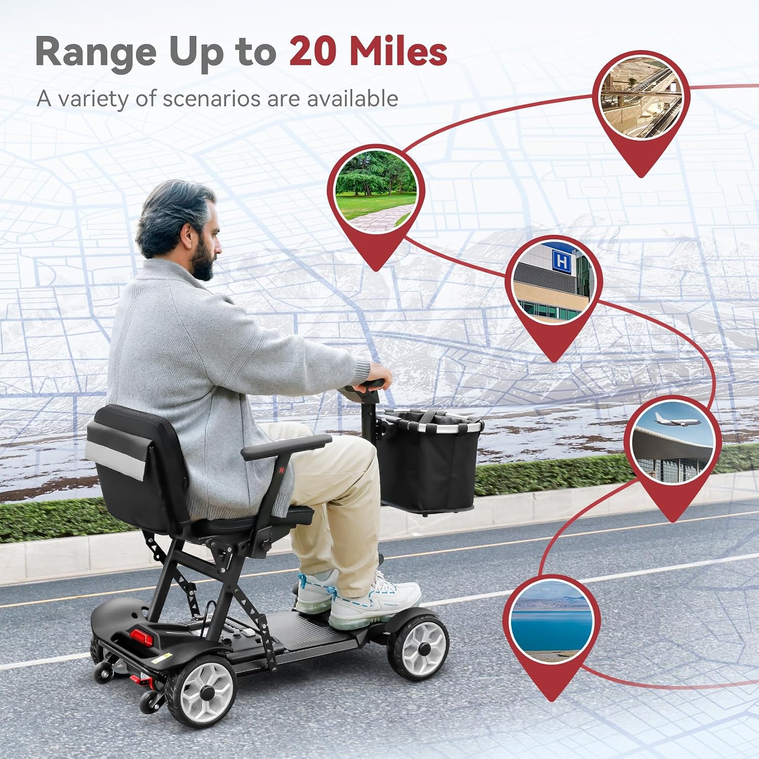 20 Miles Range Lightweight Mobility Scooter for Adults & Seniors - 47lbs Foldable 4 Wheel Travel Electric Scooter with Removable Battery, LED Lights - 300lb Capacity (Black)