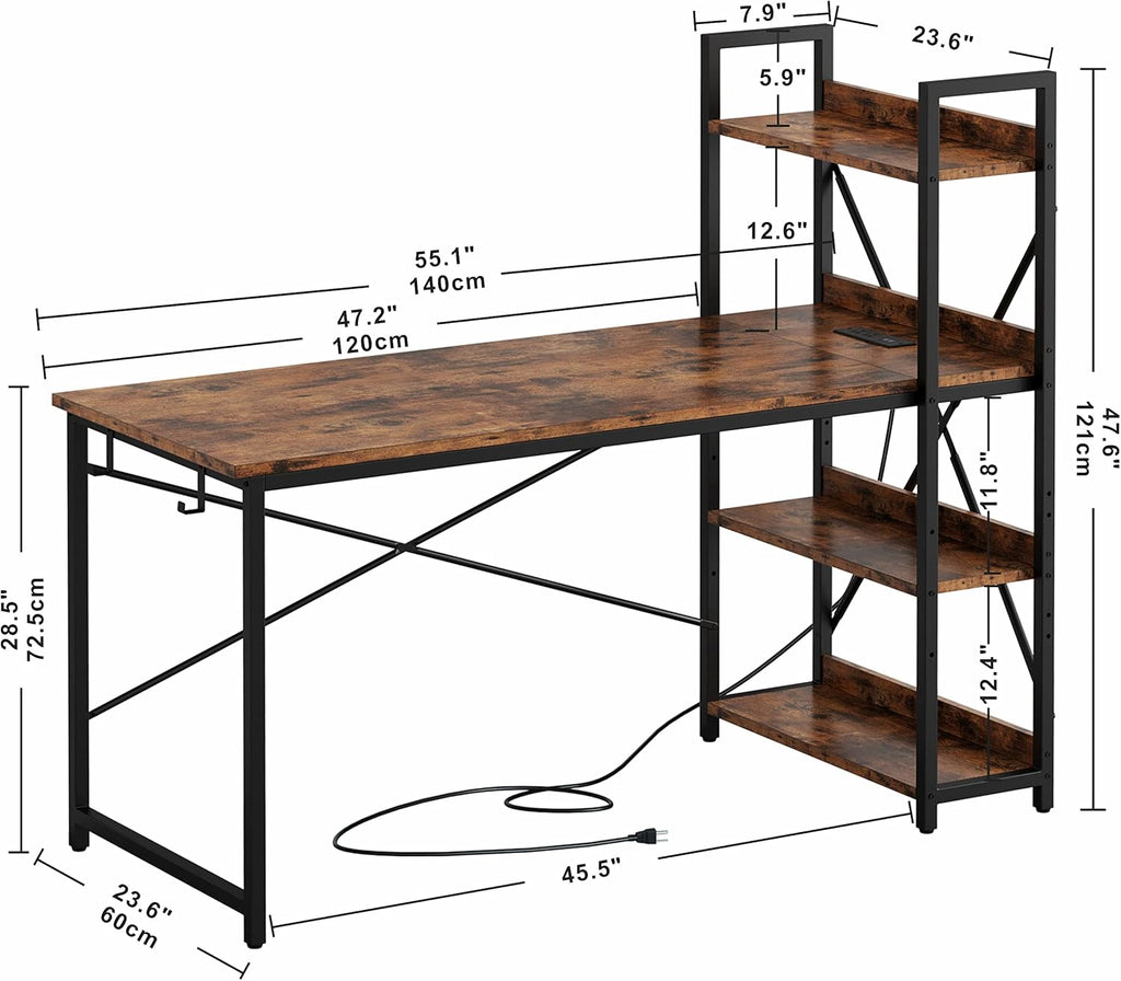 IRONCK Computer Desk 55' with Power Outlet and Storage Shelves, Study Writing Table with USB Ports Charging Station, PC Desk Workstation for Home Office, Rustic Brown