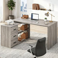 HSH L Shape Desk with Drawers, L-Shaped Desk with Storage Cabinet Shelves, Home Office Corner Computer Desk for Executive Writing, Modern Wood Study PC Table in Bedroom Living Room, Grey Oak, 55 Inch
