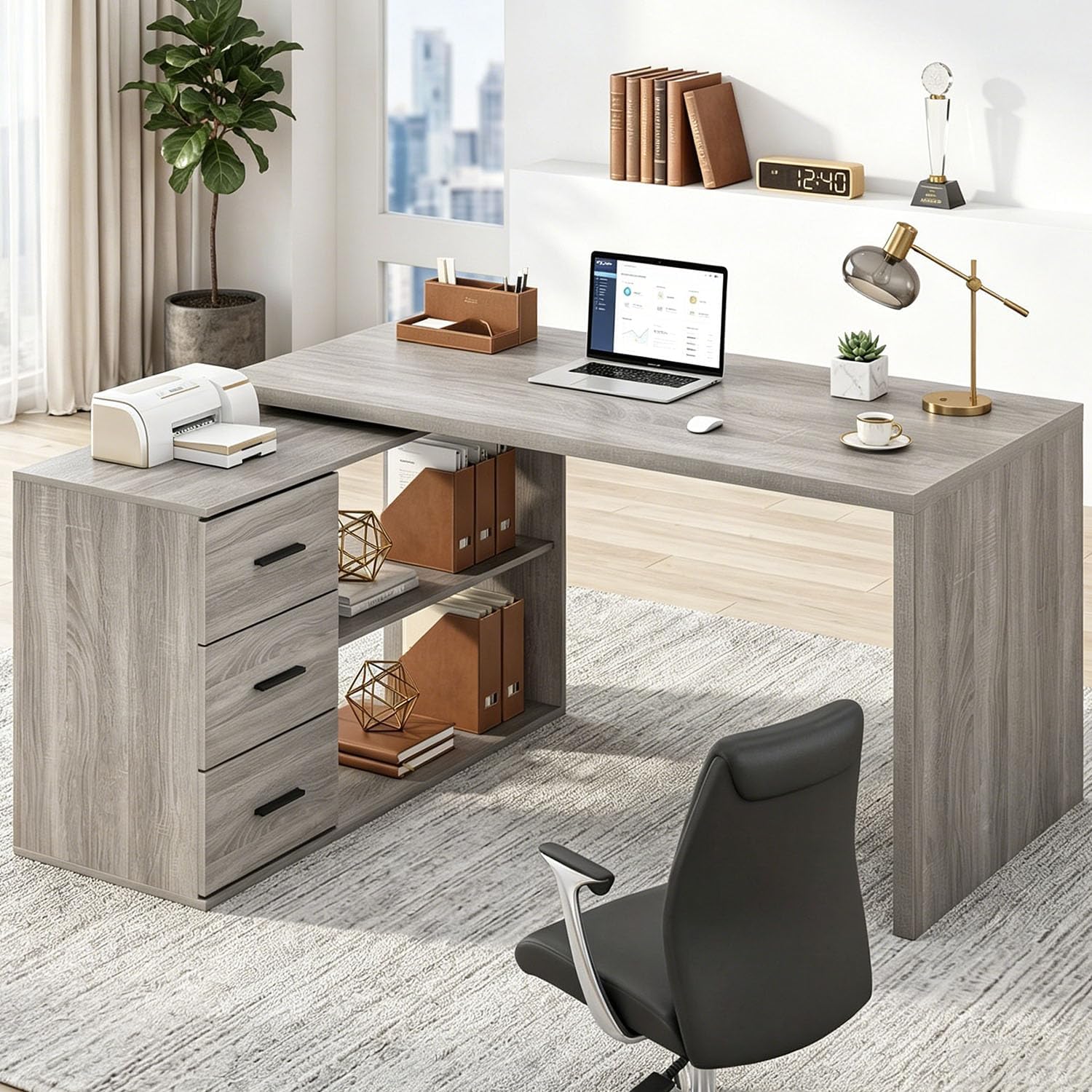 HSH L Shape Desk with Drawers, L-Shaped Desk with Storage Cabinet Shelves, Home Office Corner Computer Desk for Executive Writing, Modern Wood Study PC Table in Bedroom Living Room, Grey Oak, 55 Inch