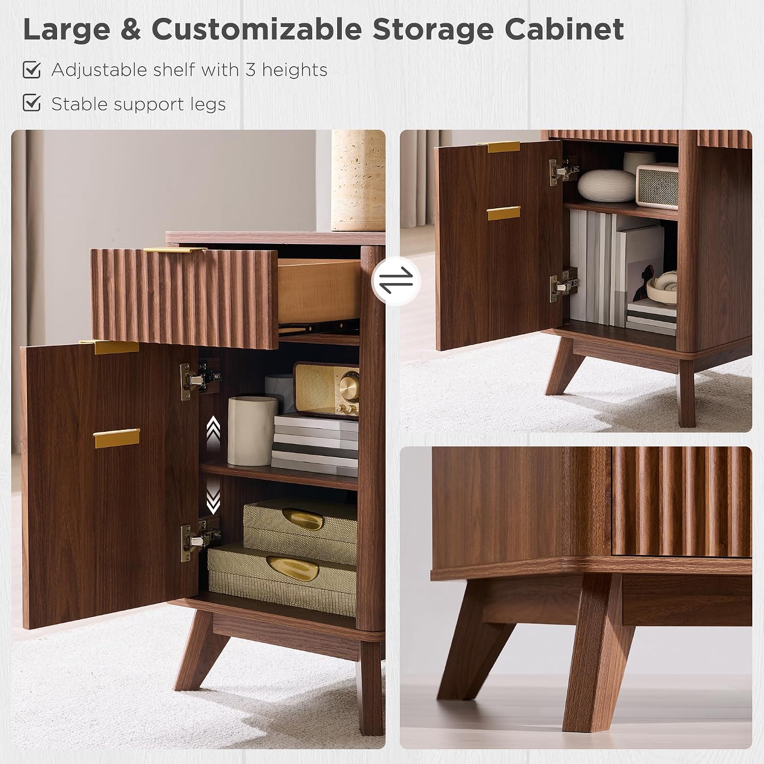T4TREAM 60'' Fluted Executive L Shaped Desk, Modern Home Office Desk with Charging Station and File Drawer, Computer Corner Desks with Drawers & Storage Cabinet for Office Home, Bedroom, Light Walnut