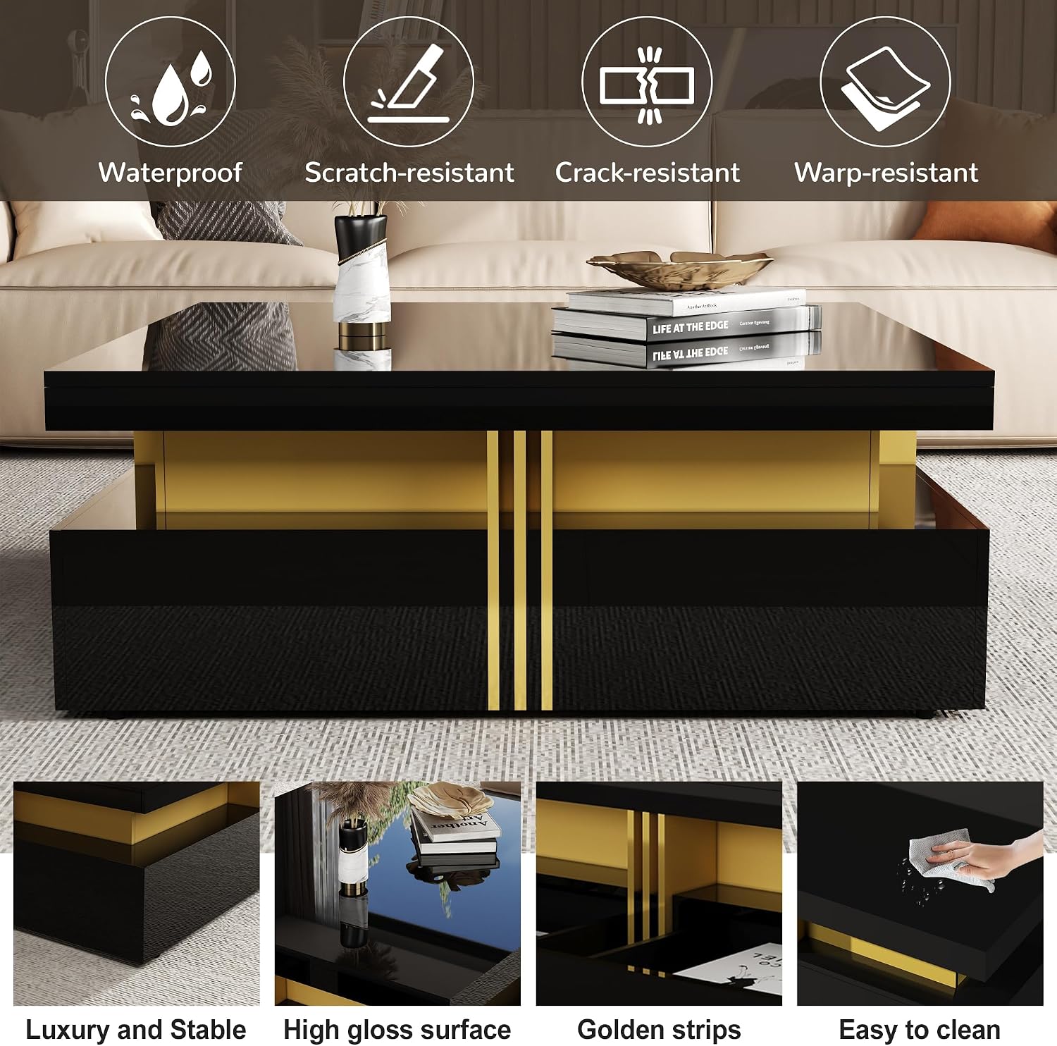 Merax 43.3' Modern Glossy Square Storage Coffee Table with 4 Drawers, Gold Accents, Functional Center Tables for Living Room Apartment, Glossy Black