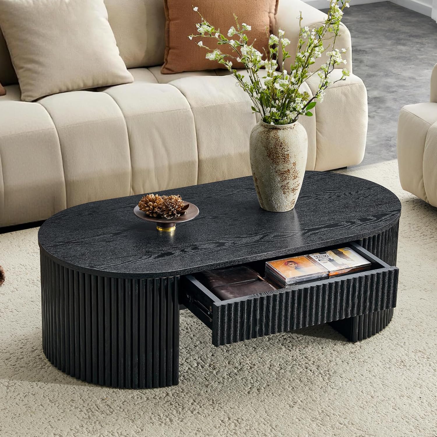 LKTART Black Coffee Table Oval, 47.5' Fluted Wood Coffee Table with Drawer, Mid Century Modern Center Tables for Living Room Bedroom Office, Black