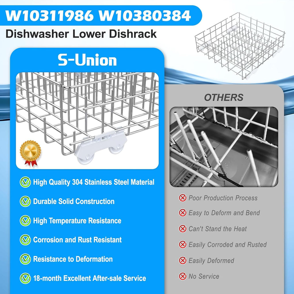 UPGRADED W10311986 W10380384 Dishwasher Lower Dishrack for Whirlpool Kenmore Dishwasher Rack Replacement Parts,304 Stainless Steel W10311986 W11158802 Whirlpool Dishwasher Rack with Wheel Bottom Rack