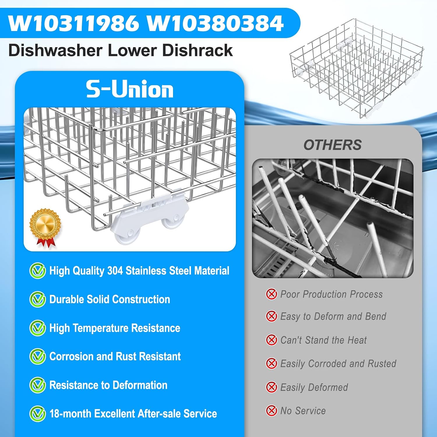 Upgraded W10311986 W10380384 Dishwasher Lower Rack 304 Stainless Steel Compatible with Whirlpool Dishwasher Racks Replacement Parts WDT750SAHZ0 WDTA50SAHZ0 Whirlpool Dishwasher Bottom Rack with Wheel