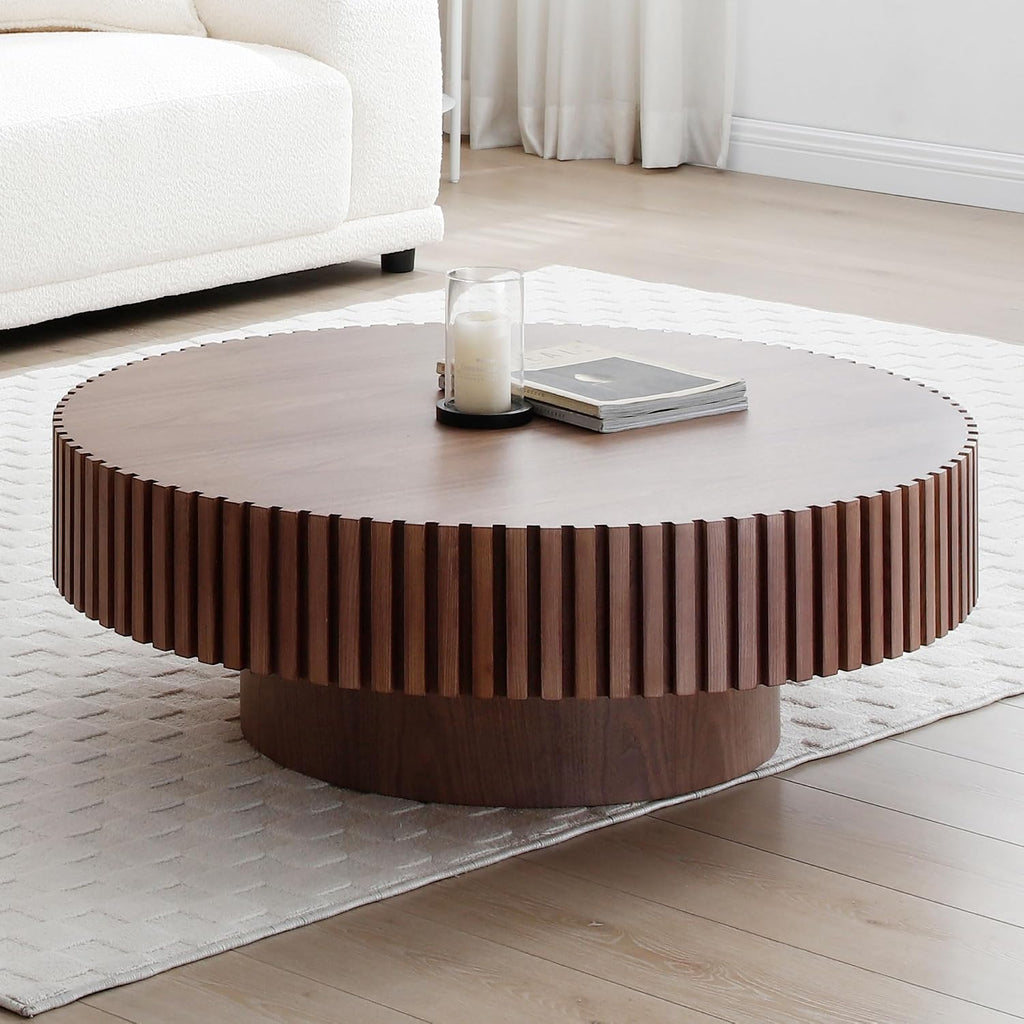 JUSTONE 31.49' Round Coffee Table, Farmhouse Wood Accent Table for Living Room,Circle Drum Coffee Table with Handcrafted Relief for Apartment ø31.49'' x 13.77''H (Walnut)