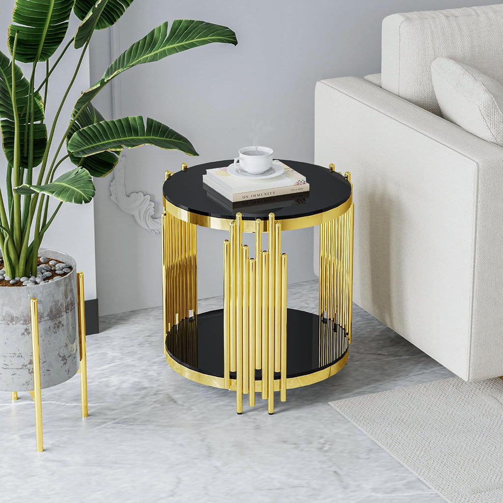 Luxury Gold Round Glass End Table, 19.7' Modern Side Table with Stainless Steel Irregular Leg Black Tempered Glass Tabletop, Accent Furniture for Living Room, Black
