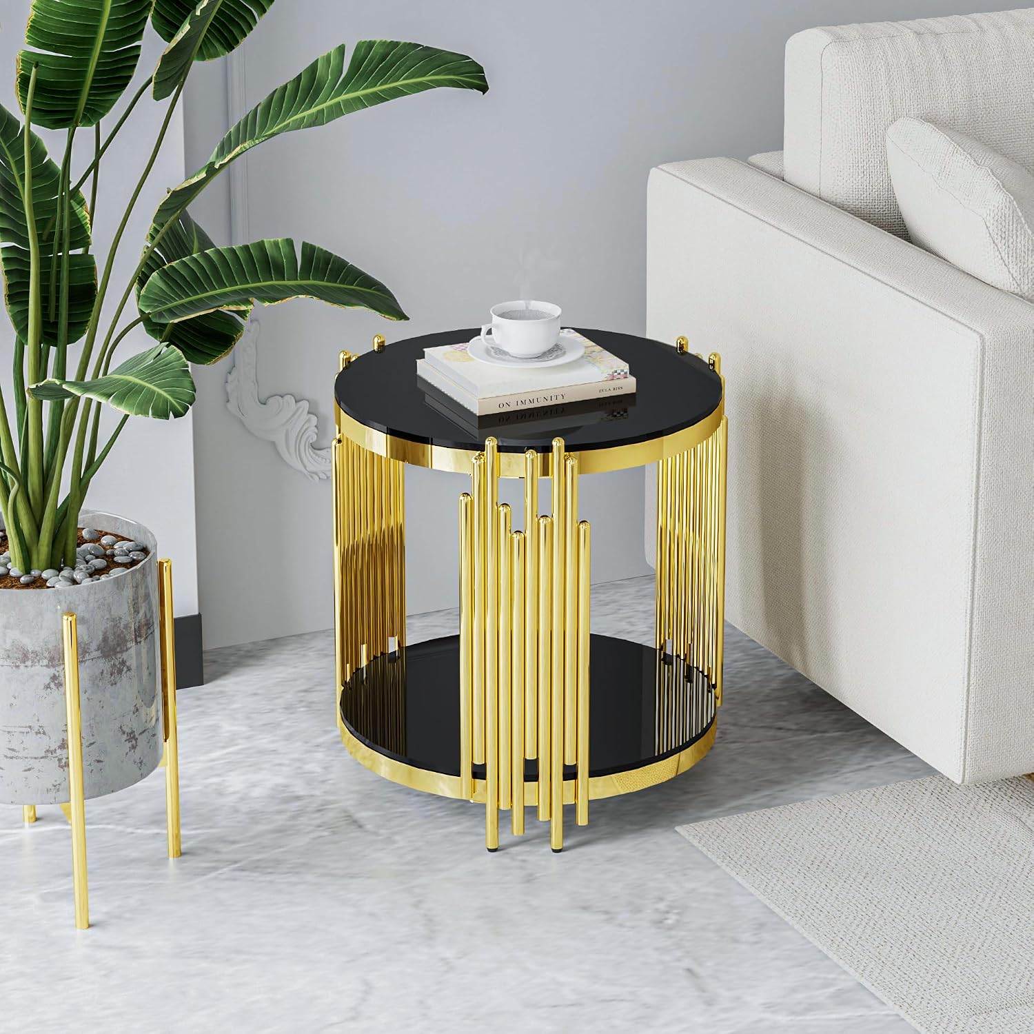 Luxury Gold Round Glass End Table, 19.7' Modern Side Table with Stainless Steel Irregular Leg Black Tempered Glass Tabletop, Accent Furniture for Living Room, Black