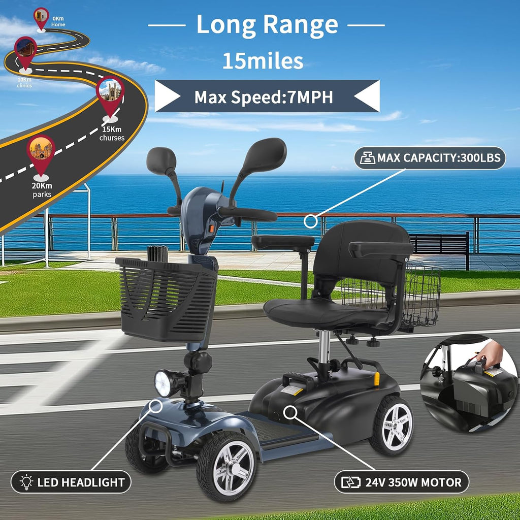 Mobility Scooter for Seniors/Adults, up to 300lbs Capacity, 4 Wheels Mobility Scooters with 15 Miles 350W 5/7MPH, Electric Wheelchair, Adjustable Seat with Rear Mirror