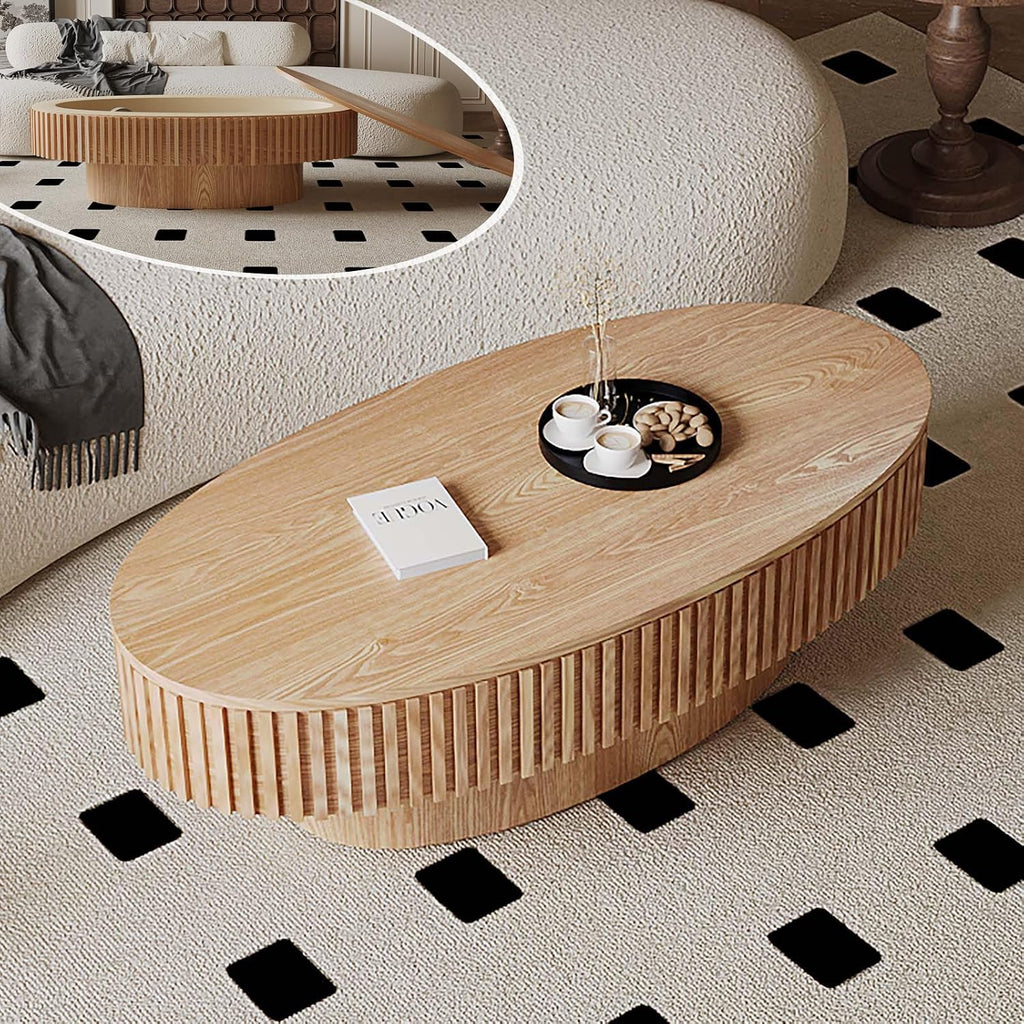 Oval Coffee Table with Storage, Modern Wooden Coffee Table with Solid Wood Veneered, Fluted Center Table Drum Tea Table for Living Room Apartment, 47.2''L×23.6''W×14.2''H