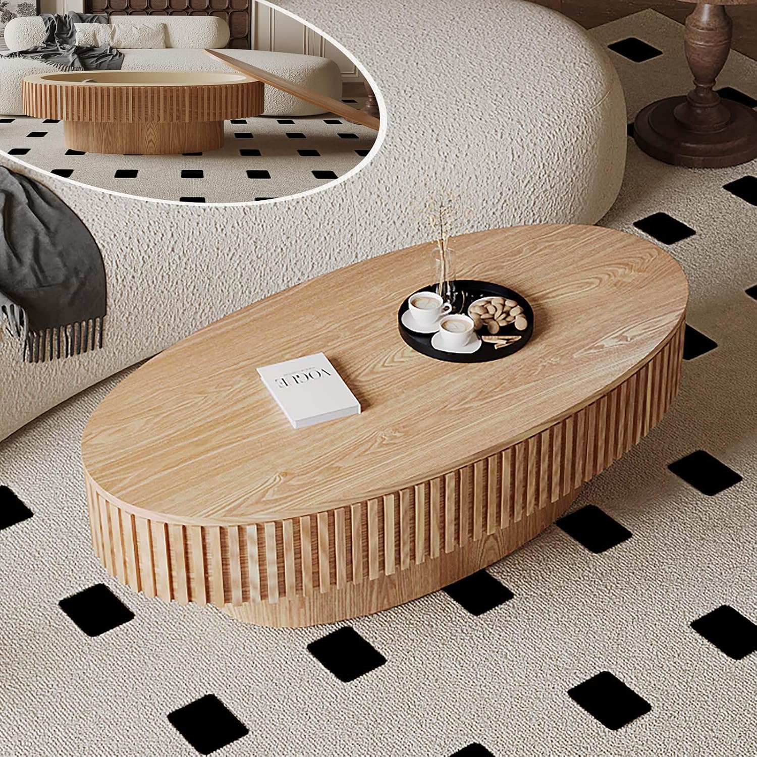 Oval Coffee Table with Storage, Modern Wooden Coffee Table with Solid Wood Veneered, Fluted Center Table Drum Tea Table for Living Room Apartment, 47.2''L×23.6''W×14.2''H