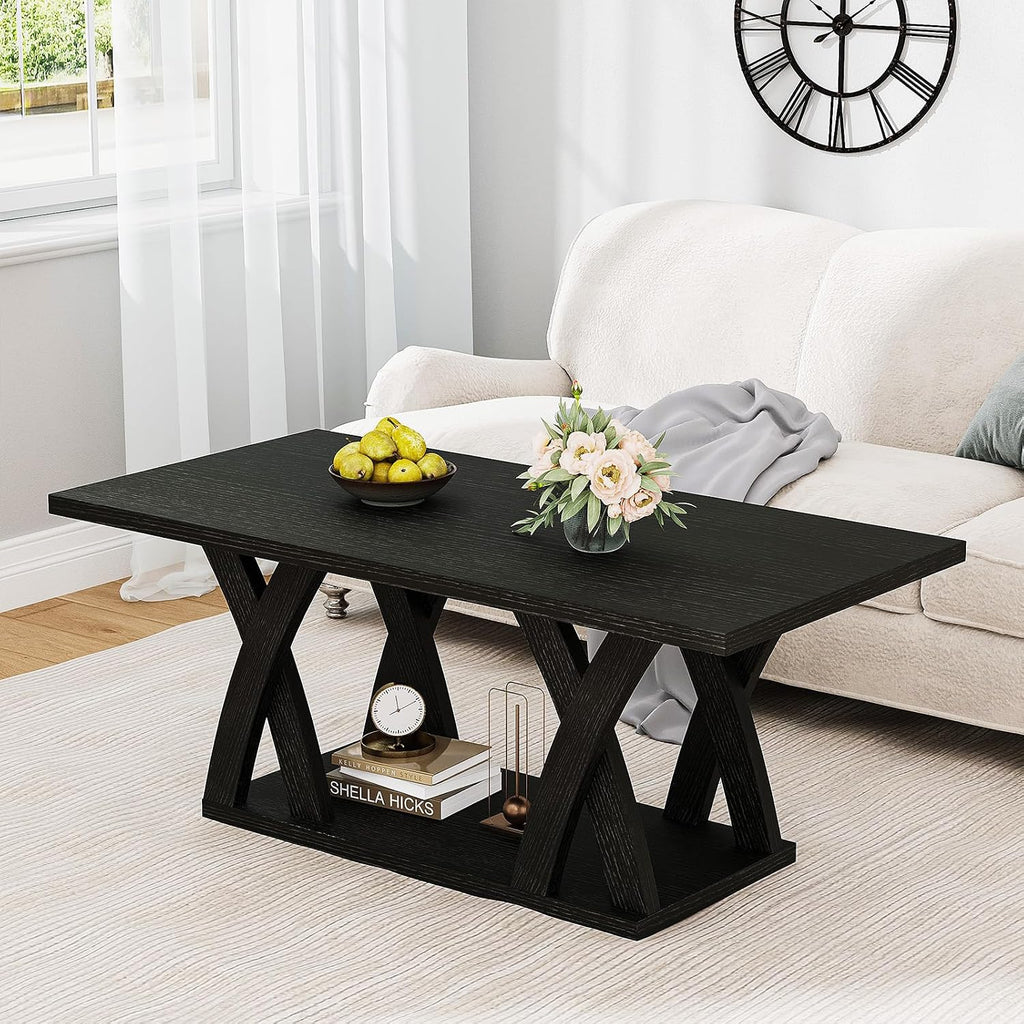 47' Farmhouse Coffee Tables for Living Room Rustic Stands with Storage Shelf Black Coffee Tables for Living Room Farmhouse Center Stands with Shelf Wood Rectangle Center Table