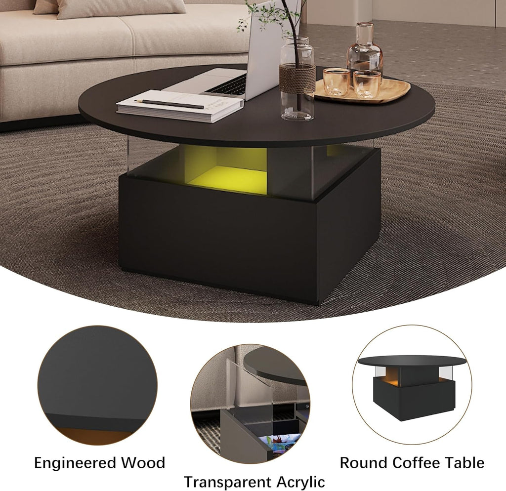 HedoAjim 31.5' Round Coffee Table for Living Room, LED Modern Living Room Table with Storage, Square Acrylic Coffee Tables with 2 Sliding Drawers, Wood Center Table for Reception Dinning Room, Black