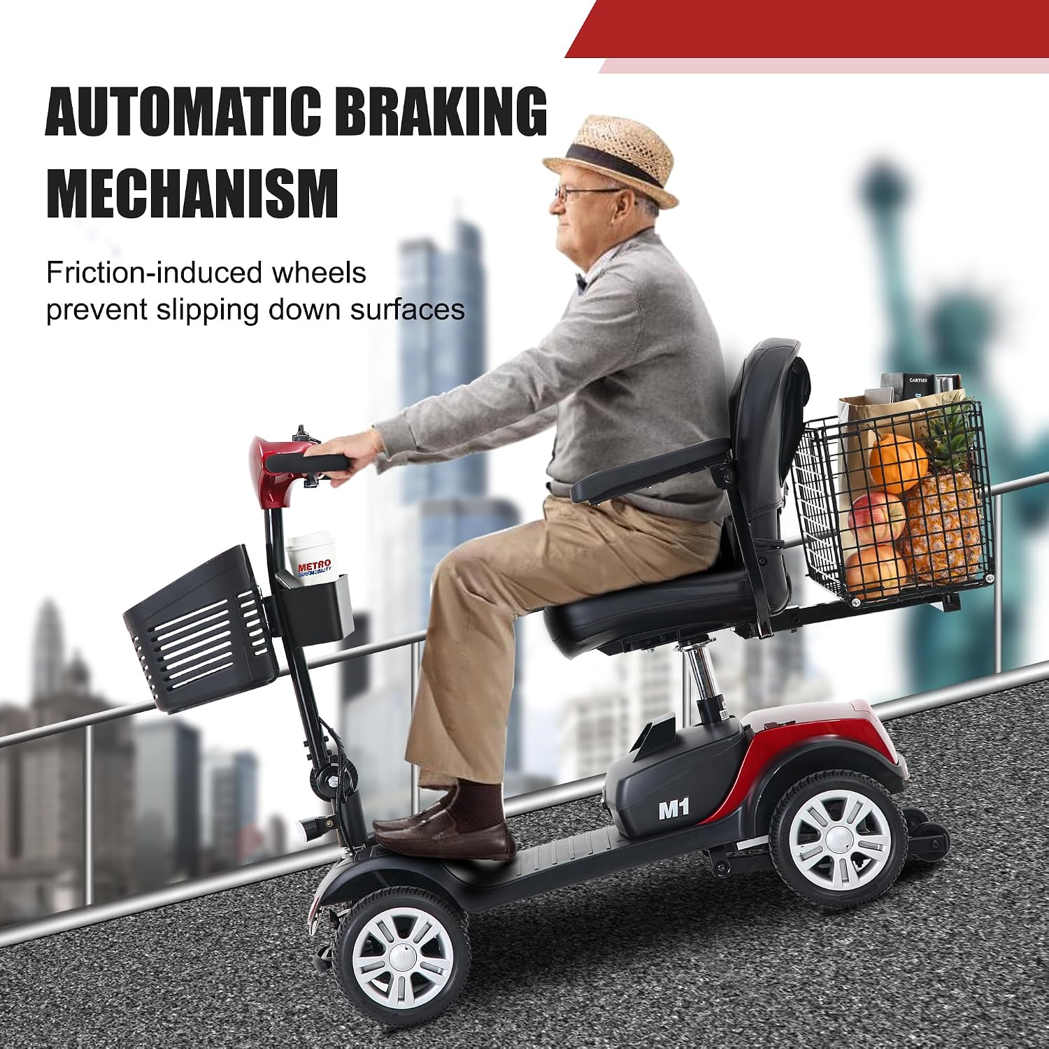 Metro Mobility 4 Wheel Foldable Mobility Scooter for Adults - 300 lbs Capacity Electric Mobility Scooters for Seniors, Travel - Long Range Power Extended Battery with Charger and Basket - Red